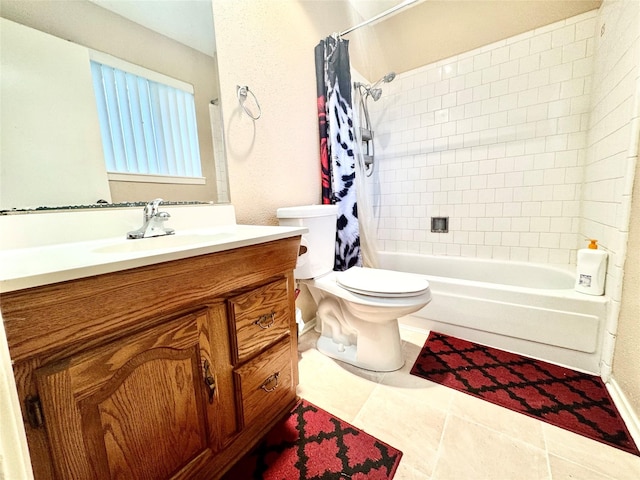 full bathroom with shower / tub combo with curtain, vanity, toilet, and tile patterned flooring