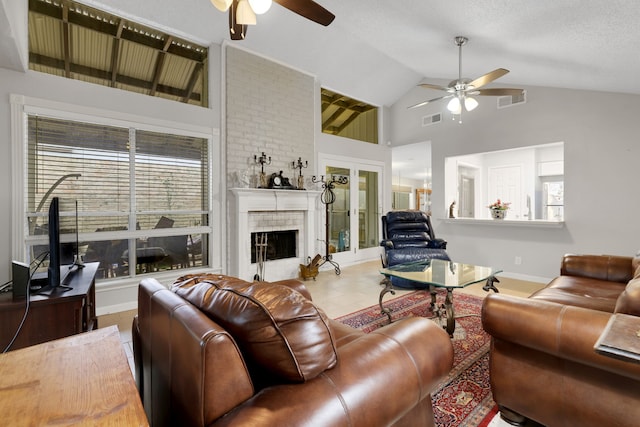 1912 Trixie Ln, Houston, TX 77042 - living room featuring ceiling fan, high vaulted ceiling, a fireplace, and baseboards