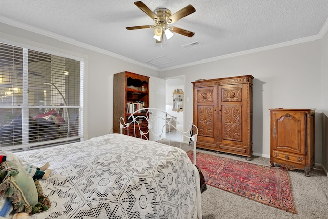 1912 Trixie Ln, Houston, TX 77042 - bedroom with light colored carpet, ornamental molding, baseboards, a textured ceiling, and ceiling fan