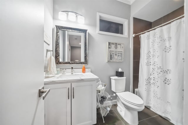 full bathroom with shower / bathtub combination with curtain, tile patterned floors, vanity, and toilet