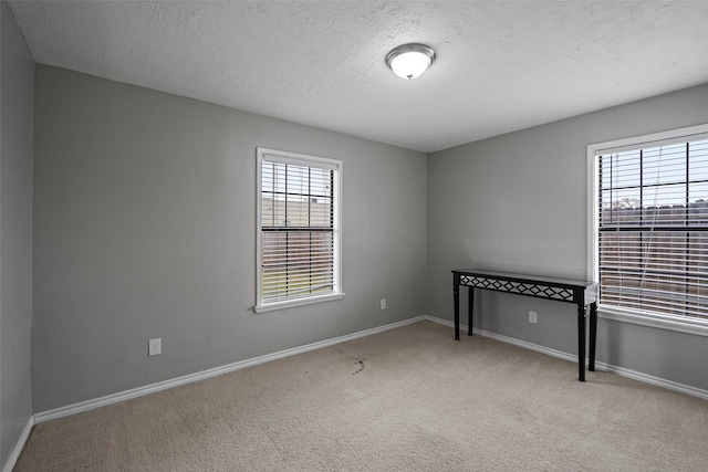 unfurnished room featuring a textured ceiling, light carpet, and a wealth of natural light