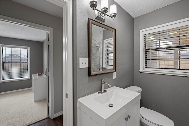 bathroom featuring vanity, a textured ceiling, and toilet