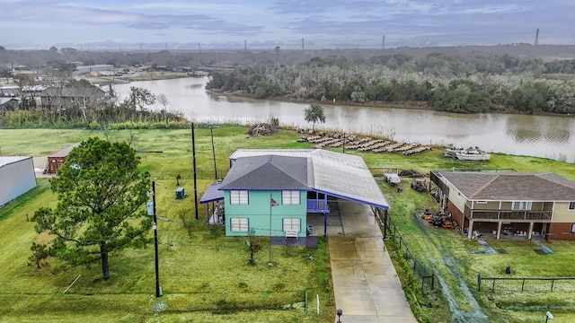 drone / aerial view featuring a water view