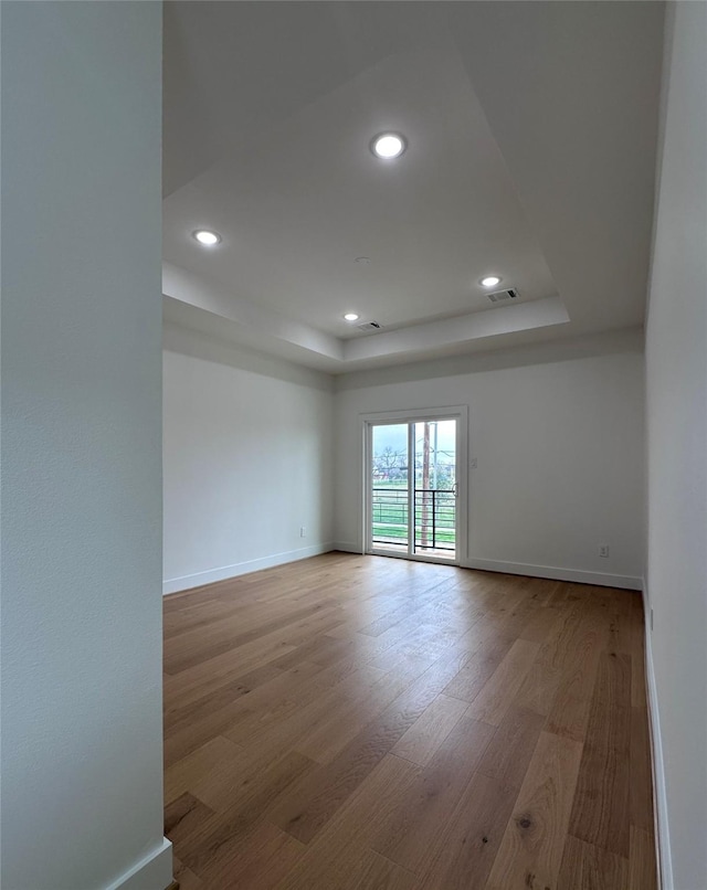 unfurnished room with light hardwood / wood-style flooring and a raised ceiling