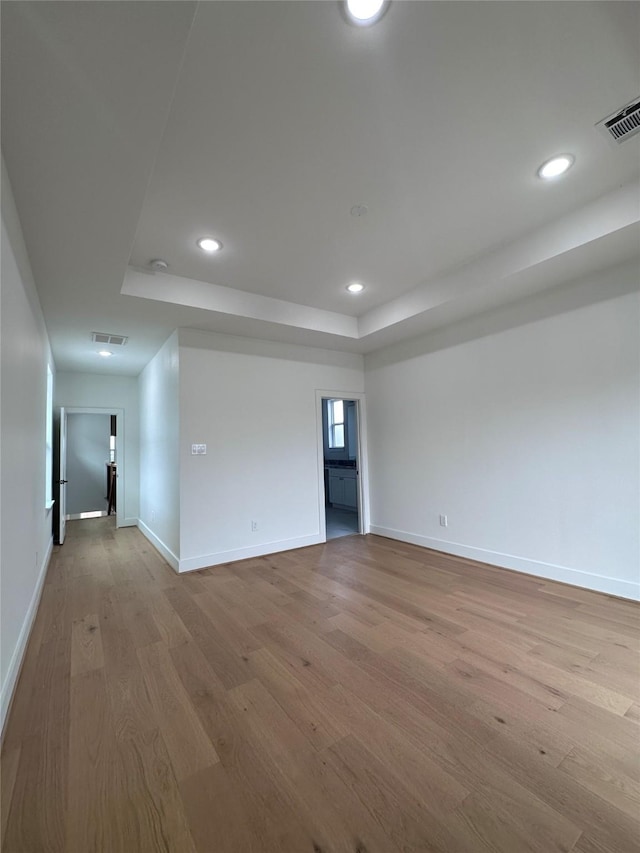 spare room with light hardwood / wood-style floors and a raised ceiling