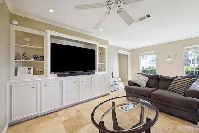 living room featuring ceiling fan, ornamental molding, built in features, and a textured ceiling