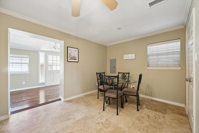 dining space featuring crown molding, electric panel, and ceiling fan