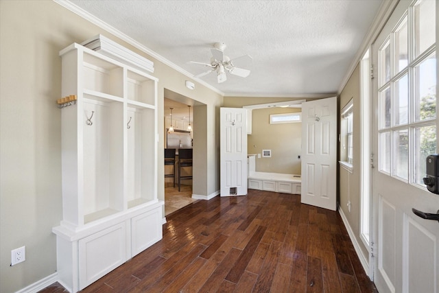 mudroom featuring crown molding, dark wood-type flooring, ceiling fan, and a textured ceiling