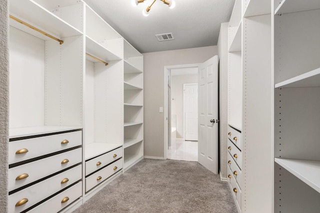 walk in closet with light carpet