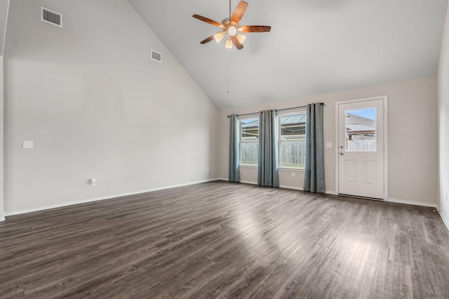 unfurnished room featuring dark wood-type flooring, high vaulted ceiling, and ceiling fan