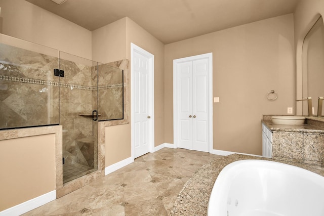 bathroom with shower with separate bathtub and vanity