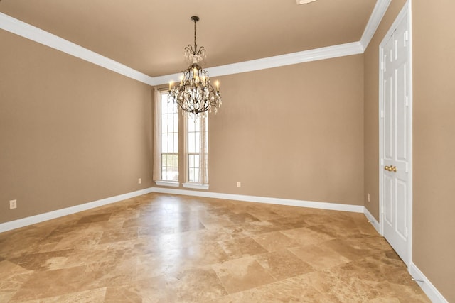 empty room with crown molding and a chandelier