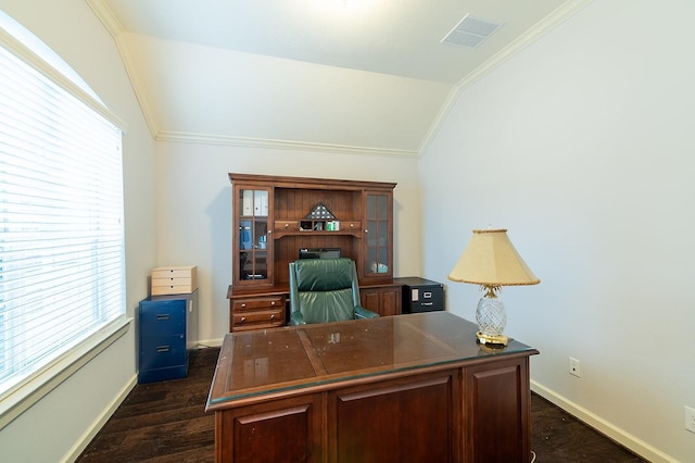 office area with crown molding, lofted ceiling, and dark hardwood / wood-style flooring