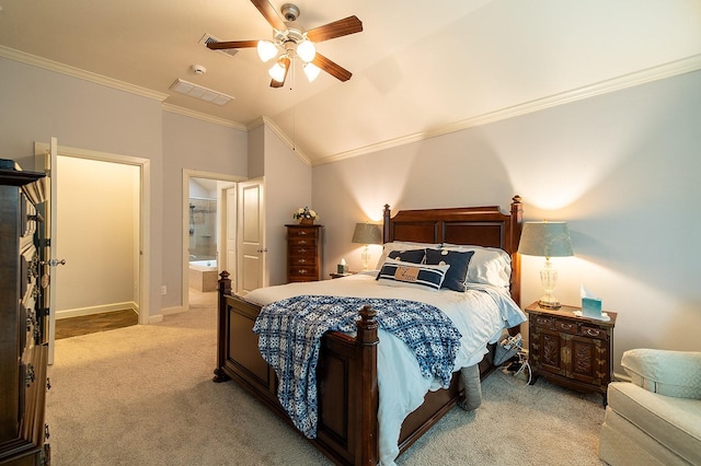 bedroom featuring ensuite bath, ceiling fan, ornamental molding, light carpet, and vaulted ceiling