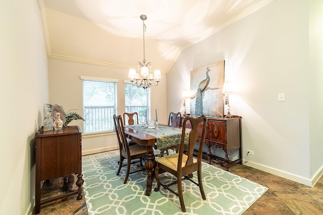 dining space featuring a notable chandelier, crown molding, and vaulted ceiling