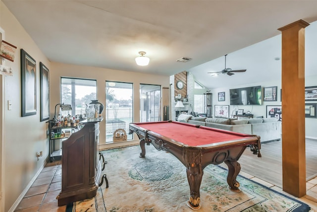 playroom with ceiling fan, billiards, light hardwood / wood-style floors, and vaulted ceiling