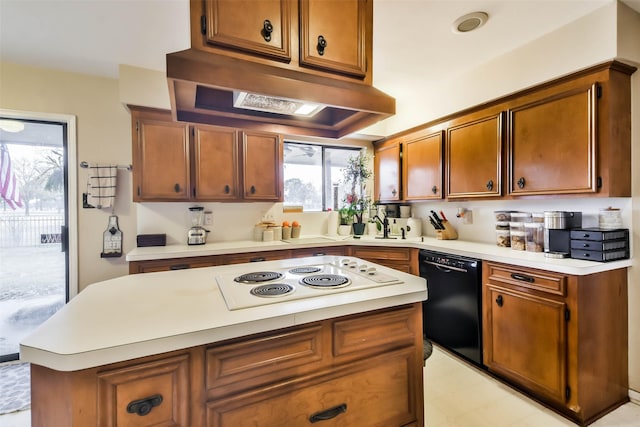 kitchen with sink, black dishwasher, a center island, exhaust hood, and white electric stovetop