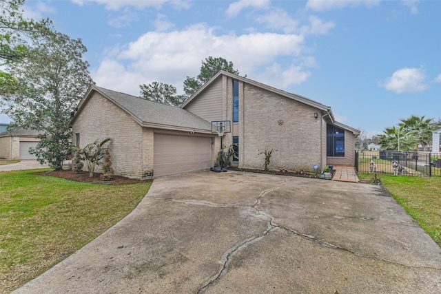 exterior space with a garage and a lawn