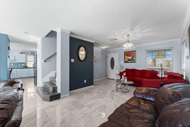 living room featuring crown molding and a textured ceiling