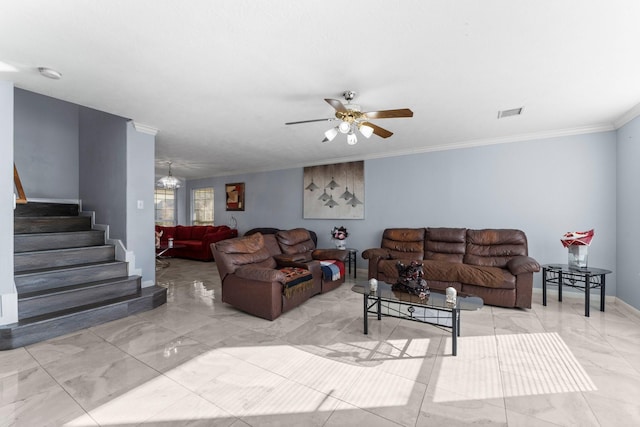 living room featuring ornamental molding and ceiling fan