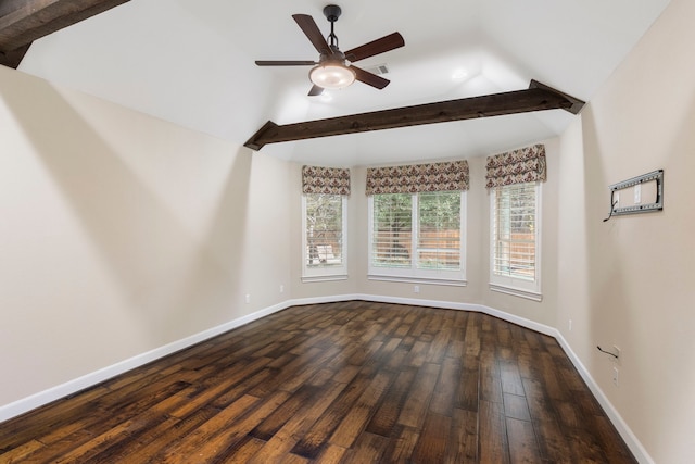 spare room featuring ceiling fan, dark hardwood / wood-style flooring, and lofted ceiling with beams