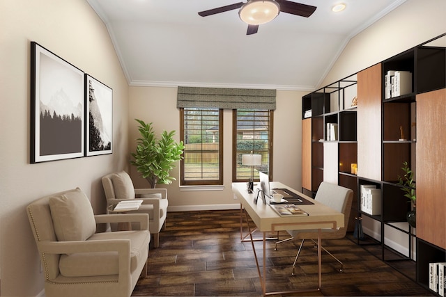 office with lofted ceiling, crown molding, dark hardwood / wood-style floors, and ceiling fan