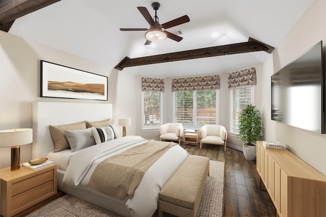 bedroom featuring ceiling fan, dark hardwood / wood-style flooring, and lofted ceiling with beams