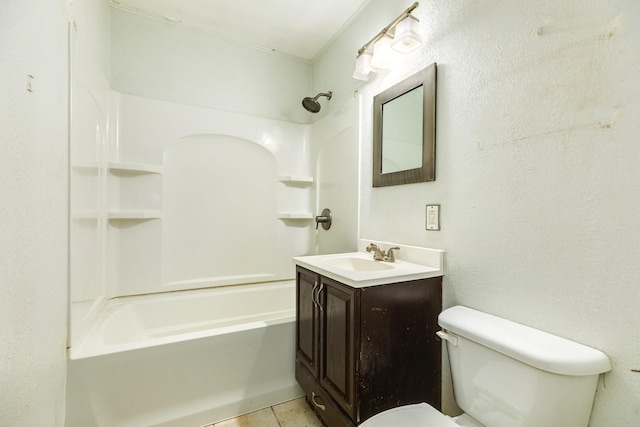 full bathroom featuring vanity, bathtub / shower combination, tile patterned floors, and toilet