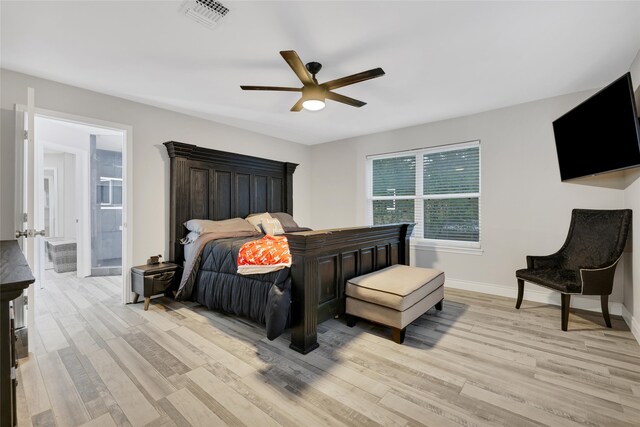 bedroom featuring ceiling fan and light hardwood / wood-style flooring