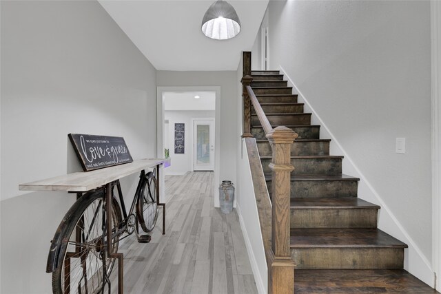 staircase featuring wood-type flooring