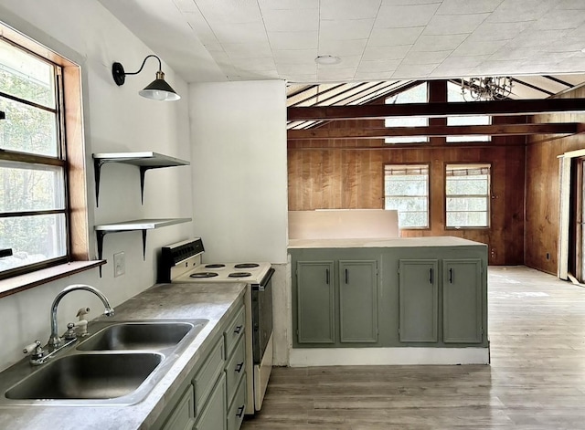 kitchen featuring sink, green cabinets, white range with electric stovetop, and light wood-type flooring