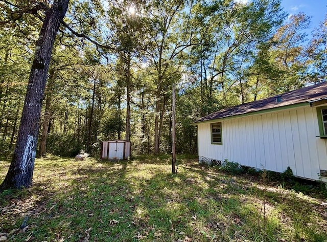 view of yard featuring a storage shed