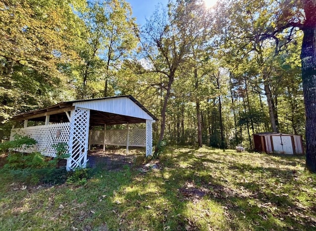 view of yard featuring a storage shed