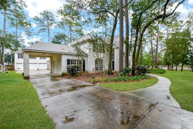 view of front of home with a carport, a garage, and a front yard