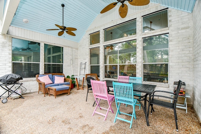 view of patio with a grill, an outdoor hangout area, and ceiling fan