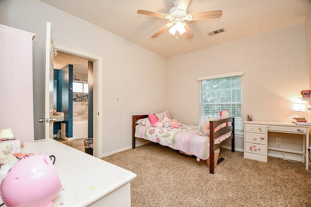 bedroom with light colored carpet and ceiling fan