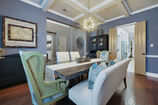 dining area with baseboards, coffered ceiling, wood finished floors, and beamed ceiling