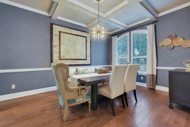 dining area featuring wood-type flooring, baseboards, coffered ceiling, and beam ceiling