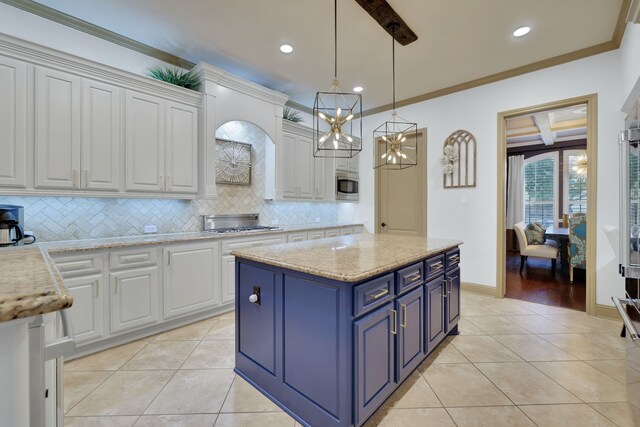 17715 Lakeside Haven Dr, Cypress, TX 77433 - kitchen featuring blue cabinetry, appliances with stainless steel finishes, white cabinetry, light tile patterned floors, and recessed lighting