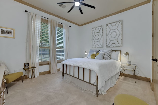 17715 Lakeside Haven Dr, Cypress, TX 77433 - bedroom with baseboards, ornamental molding, light carpet, and ceiling fan