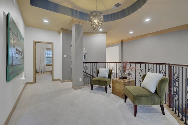 17715 Lakeside Haven Dr, Cypress, TX 77433 - sitting room featuring a chandelier, carpet, baseboards, ornamental molding, and recessed lighting