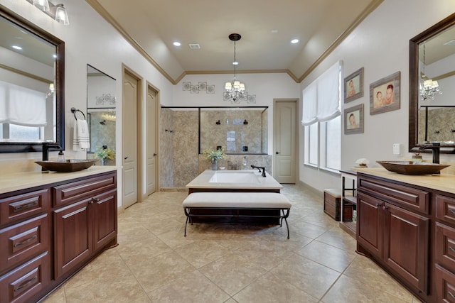 bathroom with an inviting chandelier, ornamental molding, a tile shower, and a sink