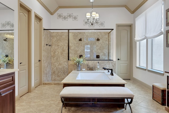 full bathroom featuring a stall shower, lofted ceiling, ornamental molding, an inviting chandelier, and vanity