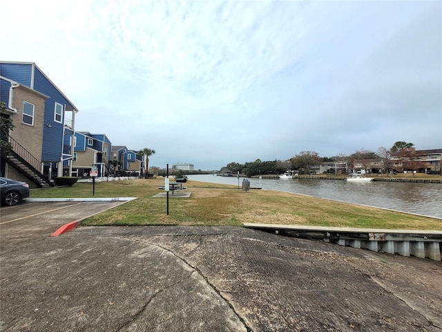 view of street with a water view