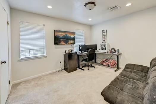 home office featuring light carpet