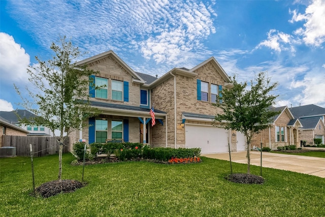 craftsman-style home with central AC unit, a garage, and a front lawn