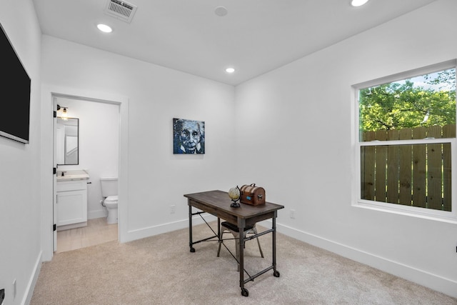 home office featuring recessed lighting, visible vents, baseboards, and light colored carpet