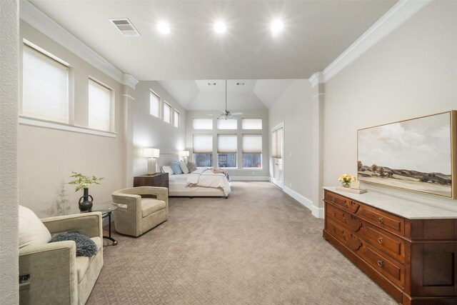 bedroom featuring a high ceiling, crown molding, and light carpet