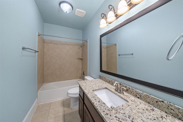 full bathroom featuring tiled shower / bath, tile patterned floors, toilet, and vanity