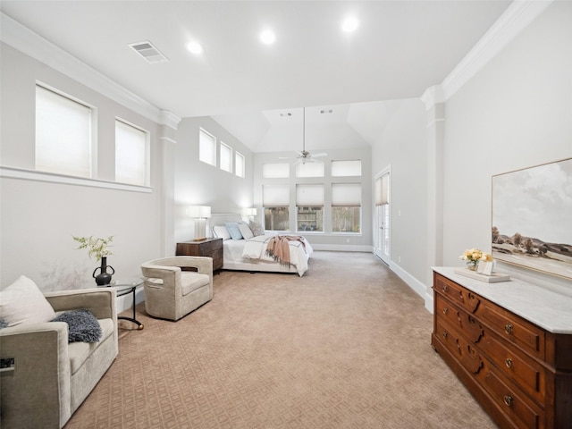 bedroom with light carpet, baseboards, visible vents, crown molding, and recessed lighting